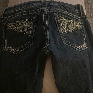 Miss Me Blue Boot Cut Jeans with Ornate Wing Design